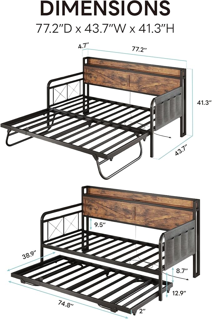 LIKIMIO Twin Daybed with Trundle Bed, Storage Headboard with Charging Station, Sofa Day Bed with Strong Supports for Living Room, Bedroom, and Guest Room, Industrial Brown