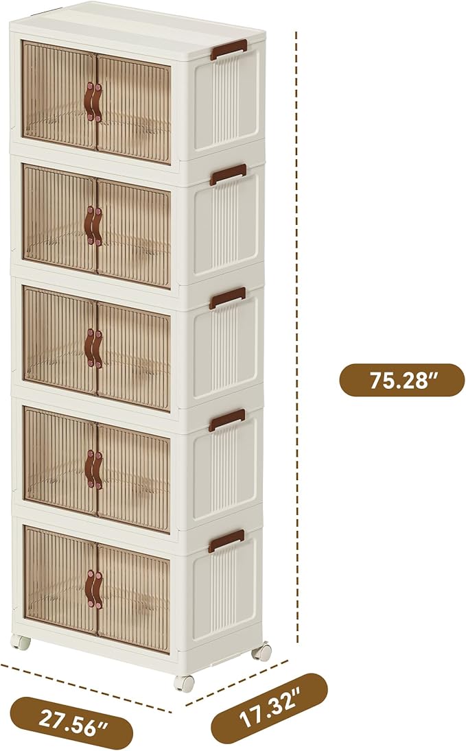 130 QT Large Plastic Storage Bins with Lids Open Front, Stackable Storage Containers with Wheels for Clothes, Home, Room, White, 5 Tiers