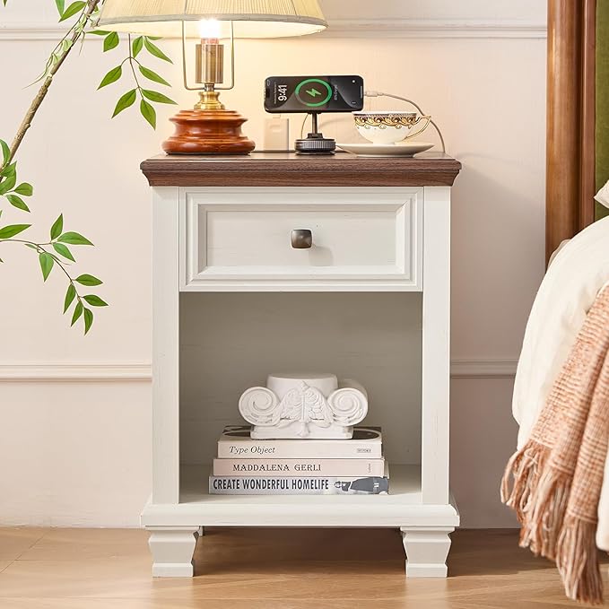 SAVOR LIFE Farmhouse End Tables Living Room with Drawer, Rustic Wood Nightstand with Charging Station, Bedside Table with Open Shelf for Bed Room, Living Room, White