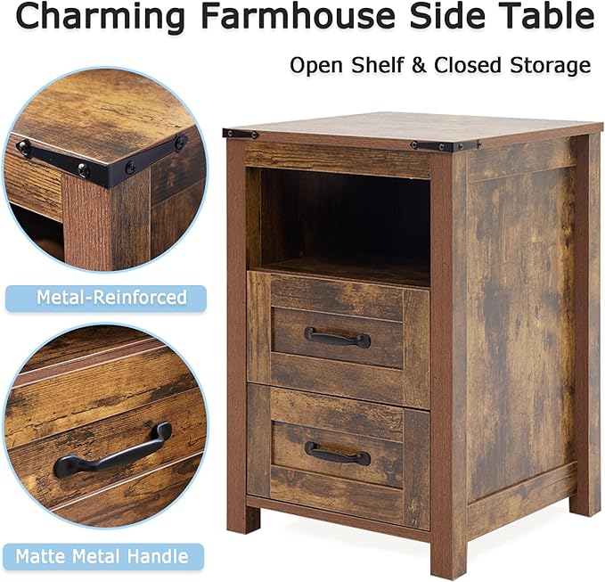 Brown Rustic Night Stand Set of 2, Farmhouse End Table, Modern Bedside Table with 2 Storage Drawers and Open Shelf, Tall Nightstand for Bedroom