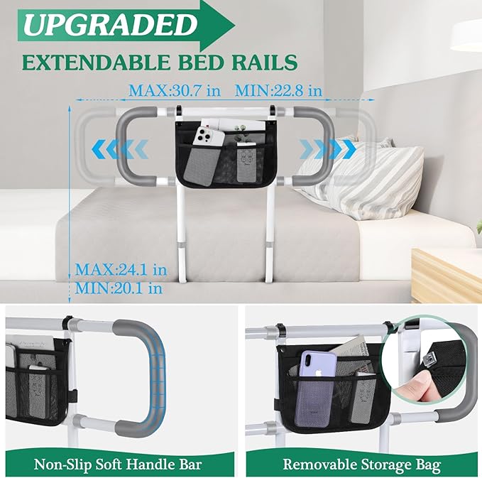 Bed Rails for Elderly Adults Safety - Extended Bed Assist Rail for Seniors - Adjustable Beds Side Rails Handle Support Bar Bed Guard with Storage Bag & Fixing Strap, Fit King Queen Full Twin Beds