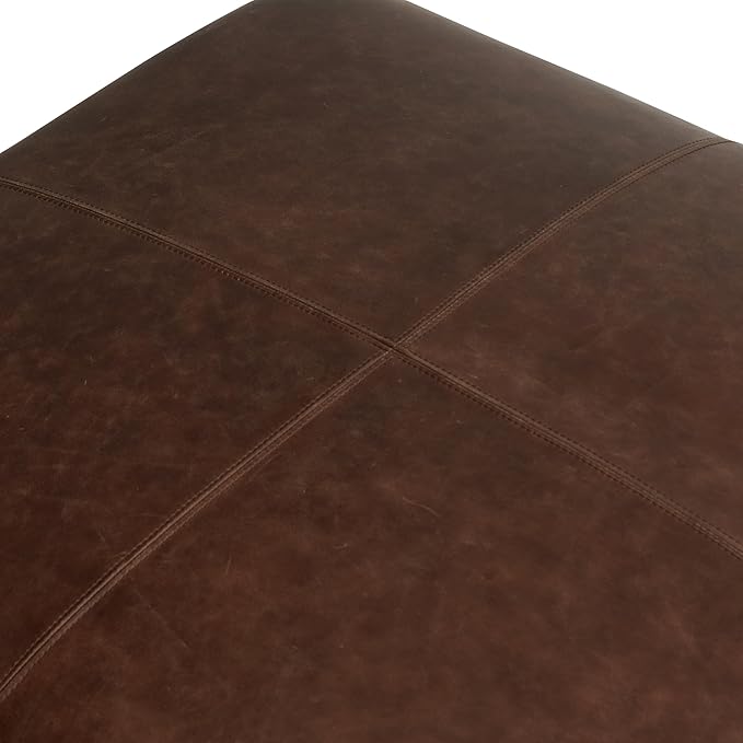 Poly & BARK Sequoia Ottoman – 35” Square Pouf with Feather-Down Topper – Full-Grain Leather Upholstered Pouf Ottoman for Living Room – Vintage Italian Leather in Chocolate Brown