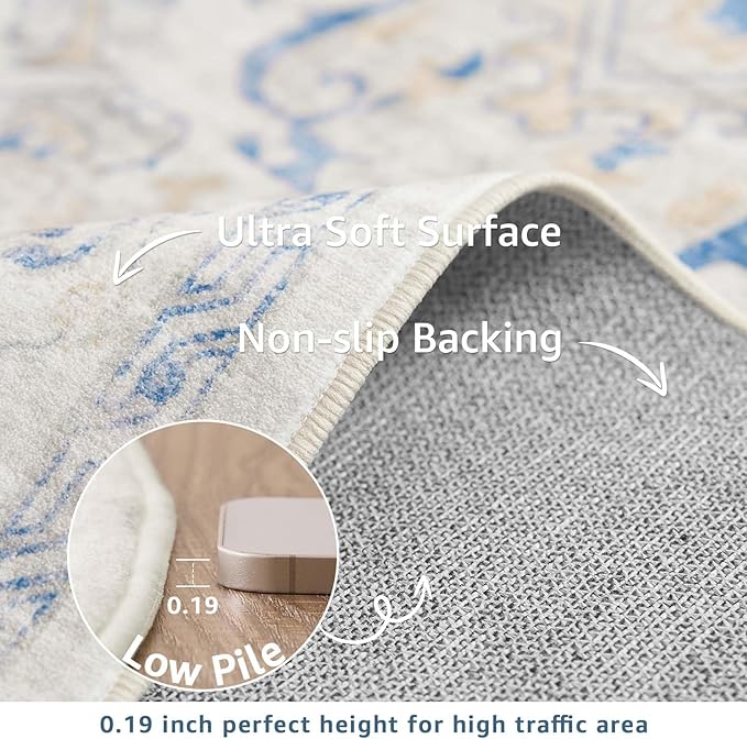jinchan Round Rug 8ft Area Rug Vintage Floor Mat Kitchen Indoor Ultra-Thin Soft Floral Print Washable Circle 8' Accent for Farmhouse Non Slip Dining Room Living Room Bedroom Office Blue