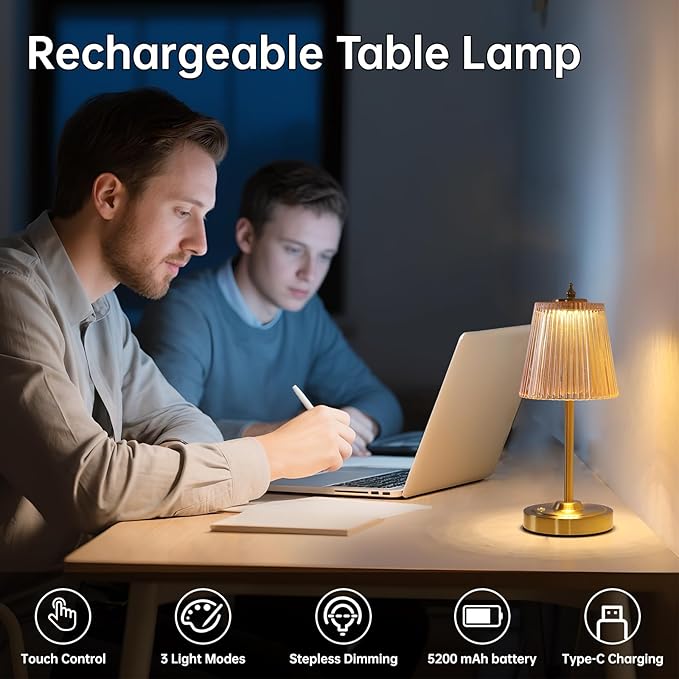 Small Table Lamp with 5200mAh Battery & Touch Control - 3 Adjustable Color Temperatures, Dimmable Rechargeable Table Lamps for Living Room, Bedroom, Bedside (Amber Stripe)