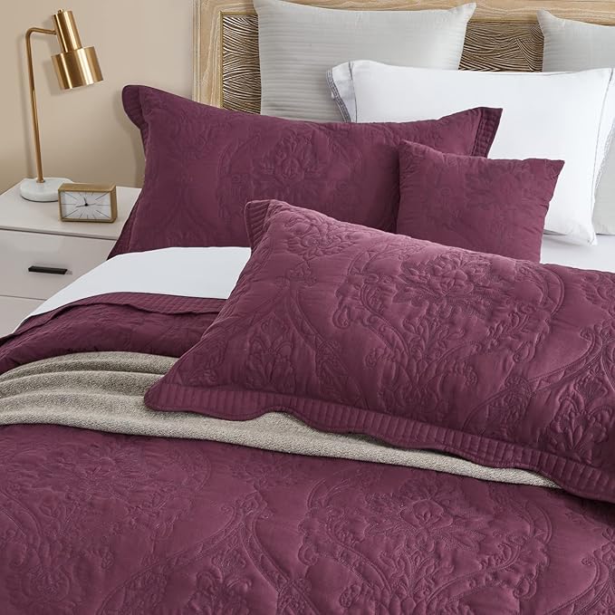 CHIXIN Bedspread Coverlet Set Queen Size - Lightweight Bedding Cover - Beautiful Stitching - 5 Piece Reversible Bedspread - Gorgeous Damask Paisley Pattern (Queen, Purple)