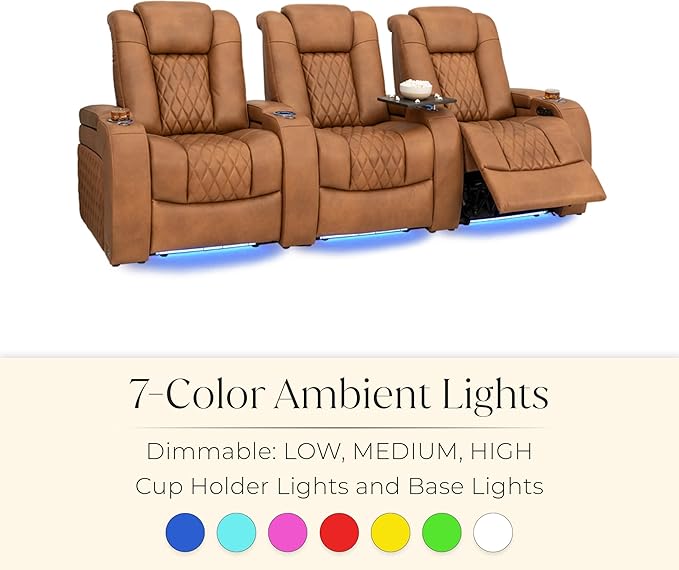 Seatcraft Diamante Zero-Gravity CoolZero Italian Leather Home Theater Seating, Power Headrest, Power Recline, Row of 3 Left Loveseat, Tawny