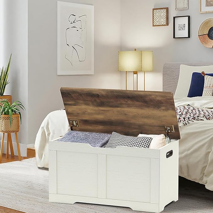 Timberer 31.5" Storage Chest, Wooden Storage Bench, Lift Top Toy Chest with 2 Safety Hinges, Large Toy Box, Entryway Shoes Bench for Living Room, Bedroom, Brown and Rustic White