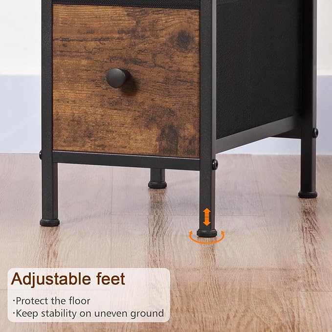 LOAKEKEL Narrow End Table Living Room with Charging Station, Skinny Side Table with Fabric Drawers, Slim Nightstand for Bedroom, Small Spaces, Couch, Brown, HETNDP02BR-1