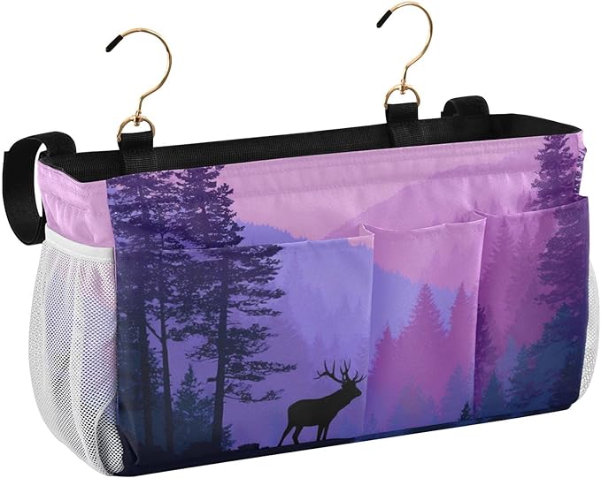 Bedside Caddy Hanging Bunk Bed Caddy Bed Organizer Hanging Pocket with 2 Hooks Bedside Storage Organizer Pocket Bag Holder Purple Stag Mountains and Forest
