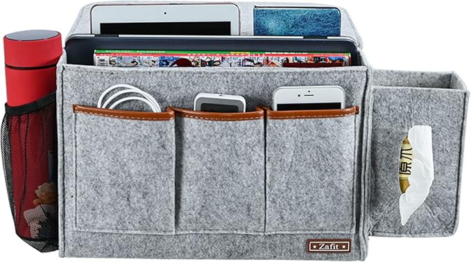 Bedside Caddy, Large Size Bedside Storage Organizer Bedside Organizer Caddy for Magazine Remotes Phone (13.4'' x 18.1'' Tissue box holder, Light Grey)