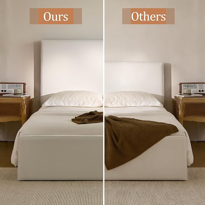 King Size Upholstered Bed Frame, 52" High Headboard Wingback Bedframe, Lucas Tall Headboard Floor Platform Beds, No Box Spring Needed No Noise/Minimalist/Coconut Micro Suede, White