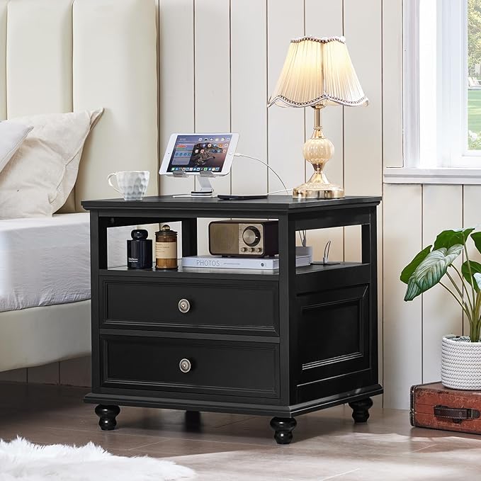 Farmhouse Furniture Set, Nightstands Set of 2 and 7 Drawers Dresser for Bedroom, 54 Inch Wide Wood Dresser and 24" Night Stands with Charging Station for Bedroom, Living Room, Hallway