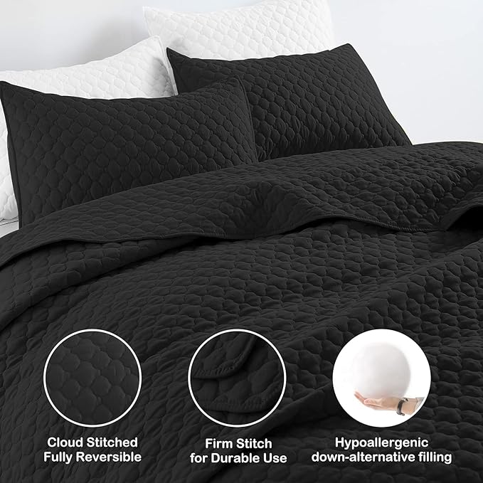 HORIMOTE HOME Quilt Set Twin Size, Black Bedspread with Clouds Pattern, Soft Coverlet Set Lightweight Microfiber Quilted Bedspread for All Season, Includes 1 Quilt and 1 Pillow Sham