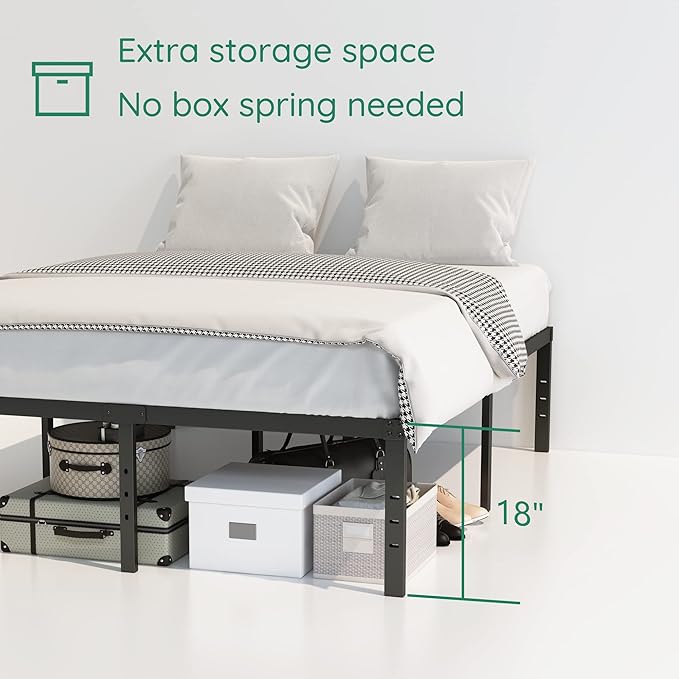 18 Inch Queen Bed Frame Heavy Duty Metal Platform No Box Spring Needed, Maximum Storage, Easy Assembly, Noise Free, Black