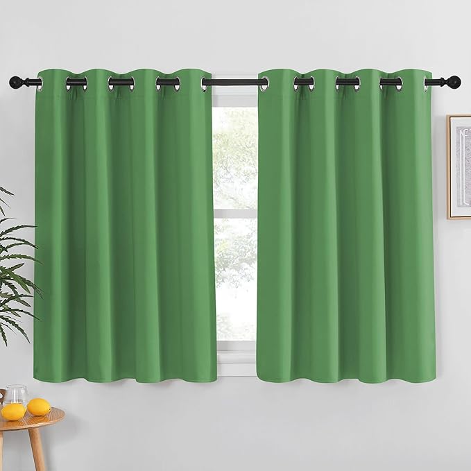 NICETOWN Kitchen Short Blackout Curtain and Drape - Thermal Insulated Solid Grommet Blackout Panel for Patio Bedroom Living Room (Single Panel, 52 inches by 45 inches, Froest Green)