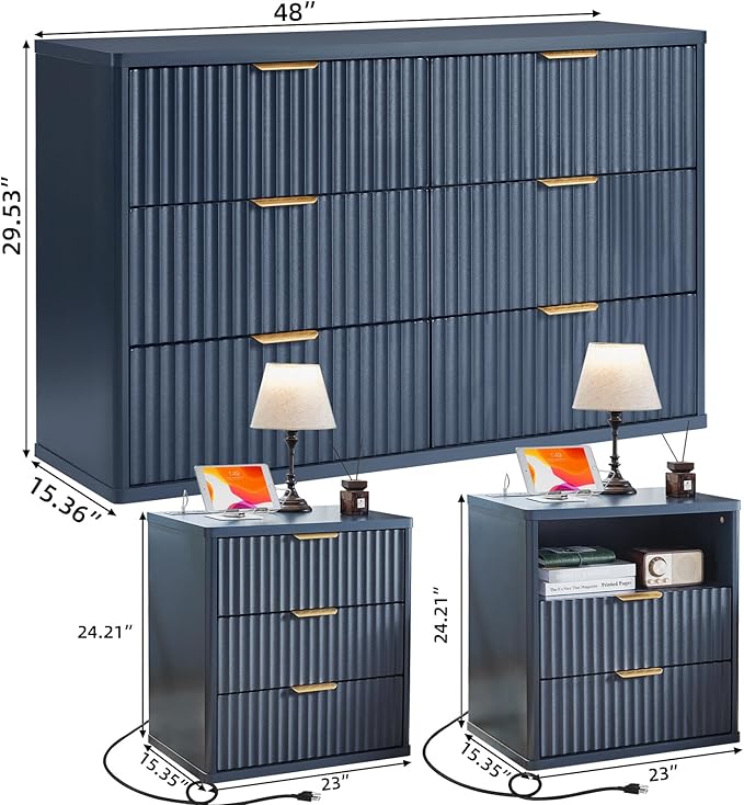 LEYAOYAO 48" Wide Fluted Dresser and 23" Nightstand Set of 2, Wooden Dresser & Night Stand with Charging Station, 3 Piece Bedroom Furniture Set, Chest of Drawer for Living Room,Blue