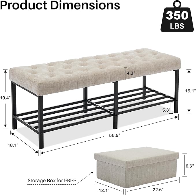 55.5" End of Bed Bench, Modern Chenille Button Tufted Bedroom Bench, Upholstered Storage Shoe Bench with Metal Base, Dinning Table Bench for Living Room, Bedroom, Entryway, Light Brown