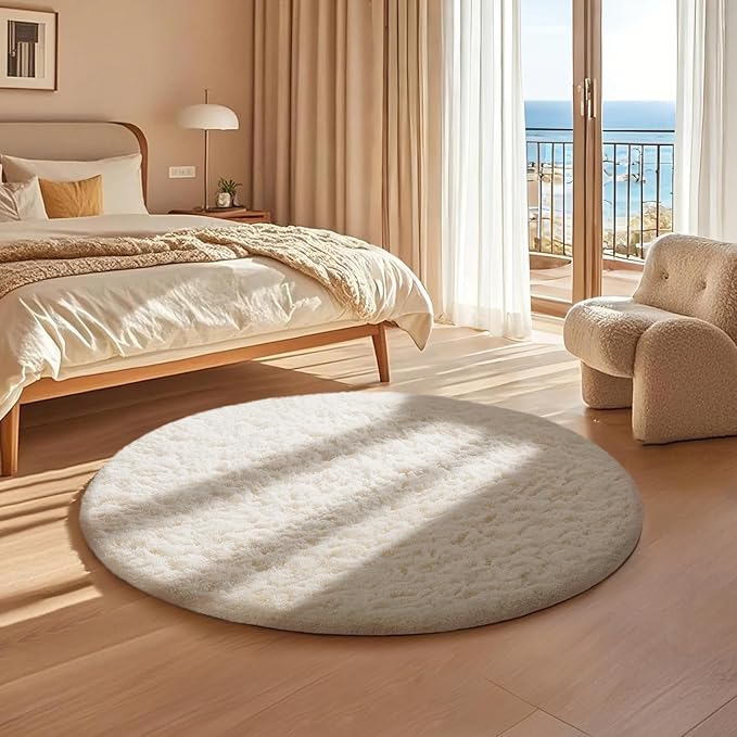 Ophanie Soft Fluffy Shaggy Rugs for Bedroom Living Room Dorm Nursery Home Decor Aesthetic,Color Ivory, Size 2' Round