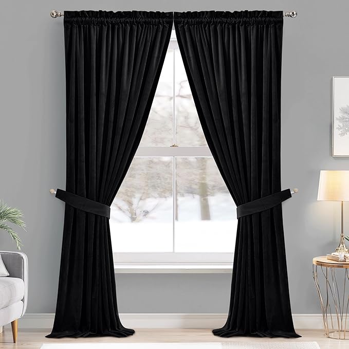 StangH Velvet Curtains 90 inches Long - Blackout Black Super Soft Rod Pocket Window Drapes Light Blocking Thermal Insulated Sliding Door Covering for Living Room, W52 x L90, 2 Panels