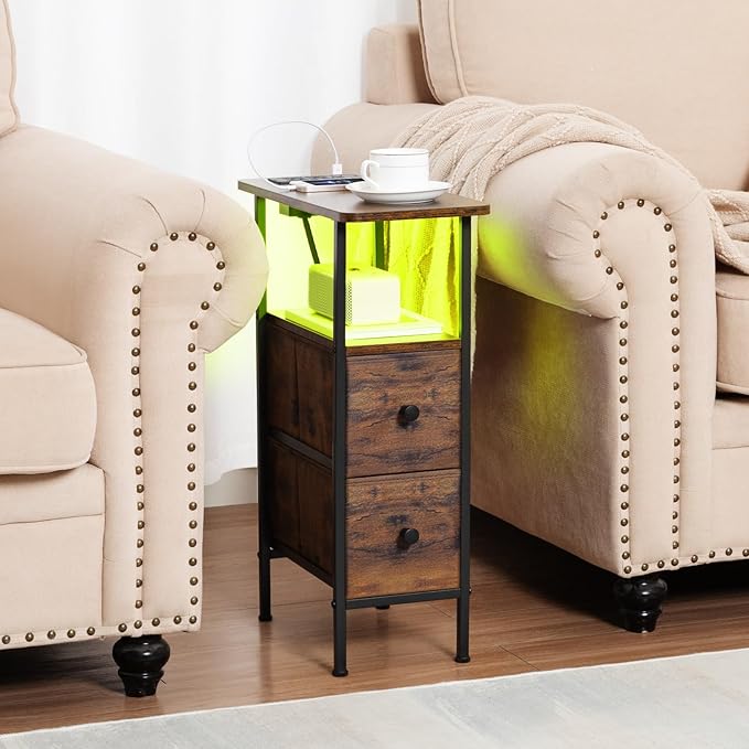 LOAKEKEL Narrow End Table Living Room with Charging Station, Skinny Side Table with Fabric Drawers, Slim LED Nightstand for Bedroom, Small Spaces, Couch, Rustic Brown, HETNDP02LPBR-1