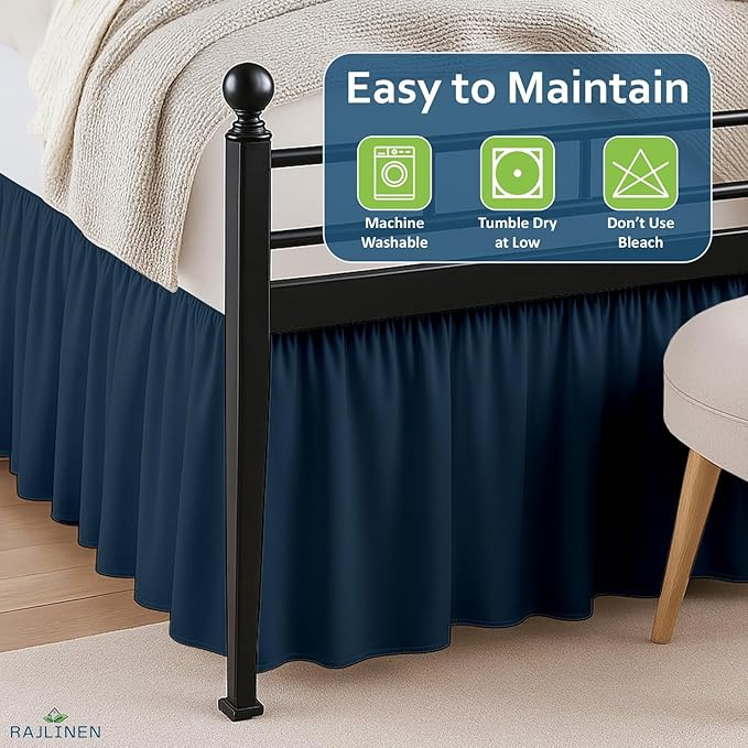 Rajlinen Ruffled Bed Skirt Twin, 18 Inch Drop Dust Ruffle with Split Corners, 100% Microfiber Bedskirt with Platform, Three-Sided Coverage Ruffled Gathering Design, Navy Blue