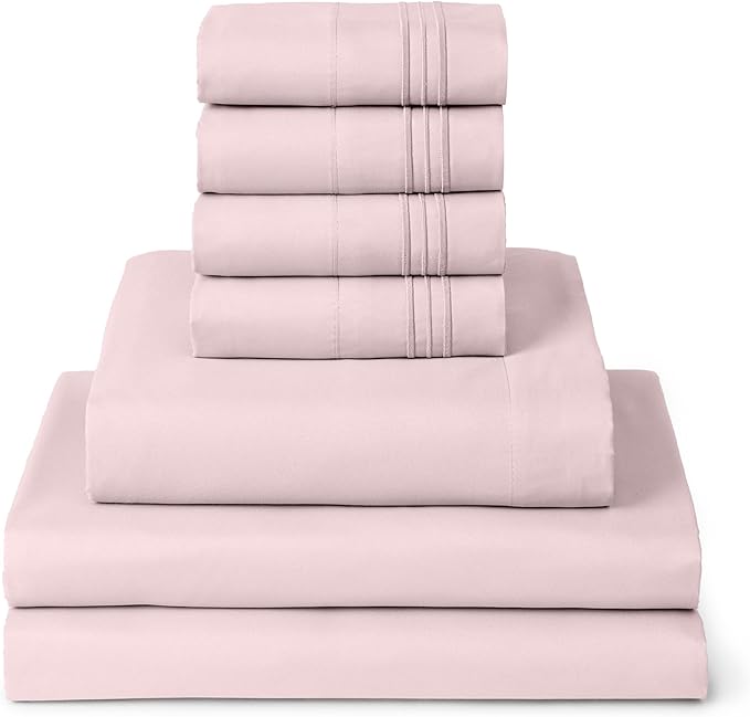 Mellanni Split King Sheet Set - 7-Piece Iconic Collection Bedding, (Including 4 Pillowcases), 16-Inch Deep Pocket, Easy Care, Extra Soft, Cooling Sheets, Brushed Microfiber - Blush Pink