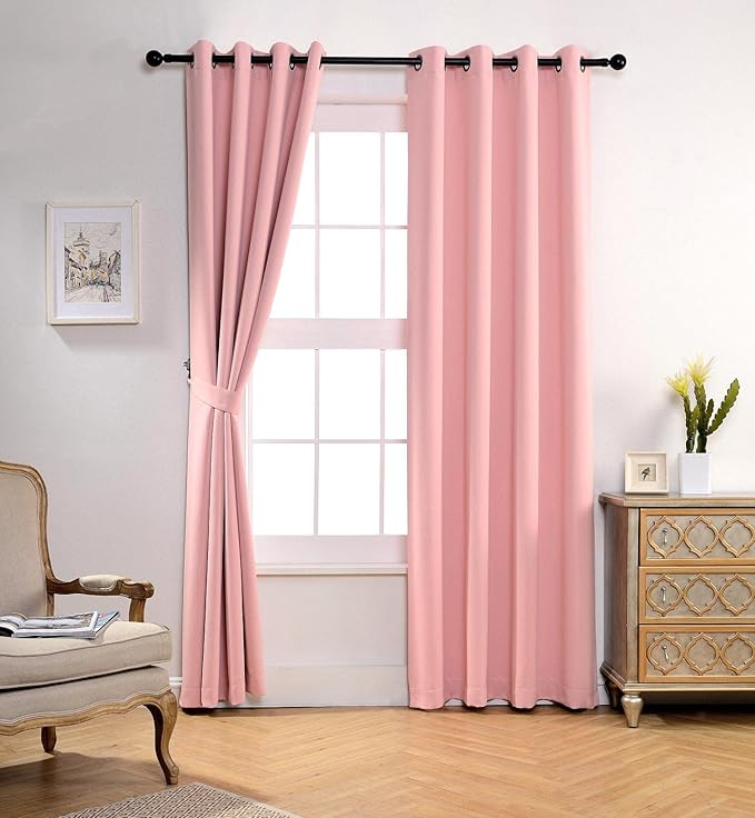 MIUCO Room Darkening Soild Grommet Blackout Curtains Panels for Nursery Window Curtains Set of 2 52x95 Inch Pink, Bonus 2 Tie Backs Included