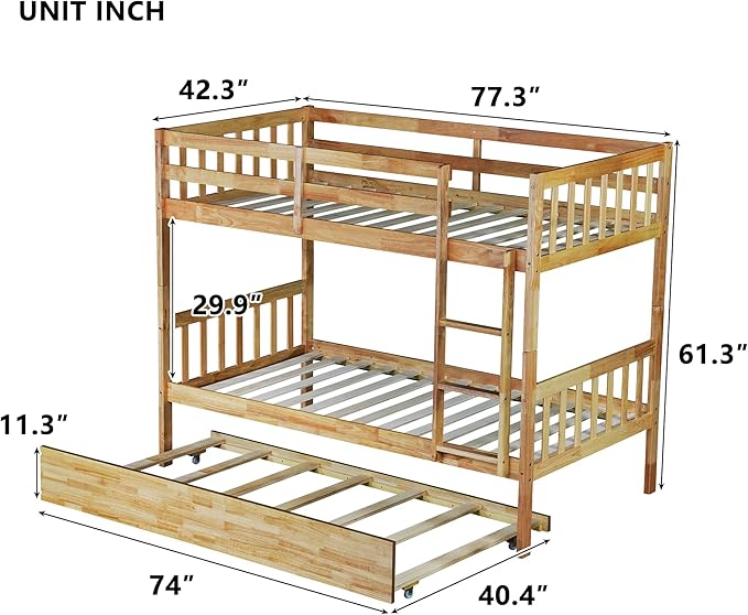 Bellemave Twin Over Twin Bunk Bed with Trundle,Convertible Bunk Beds with Ladder & Safety Guardrails,Twin Size Trundle Bunk Beds for Kids Girls Boys,Natural