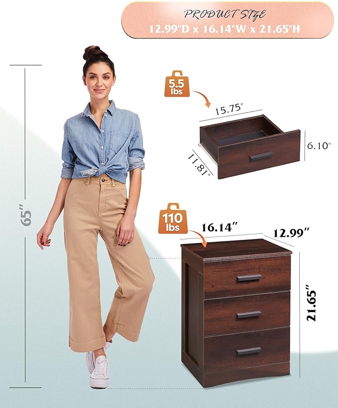 WLIVE Night Stand, Wood Nightstand with 3 Drawers, Bed Side Table for Bedroom, Living Room, Dorm, Modern Minimalist Bedside Table, Espresso