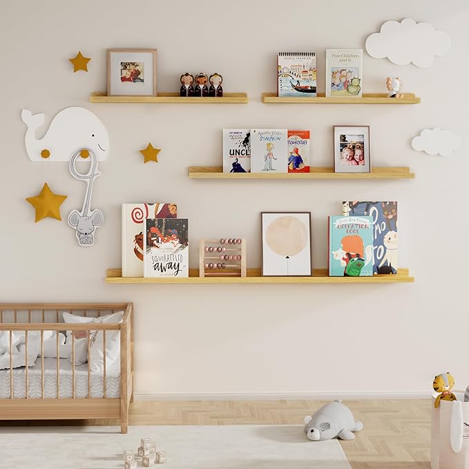 Fun Memories Picture Ledge Shelf for Wall, Floating Shelves Set of 4, 36 Inch Long Nursery Book Shelves for Toys Storage, Kids Bookshelf Wall Mounted for Books Photo Frames, Oak