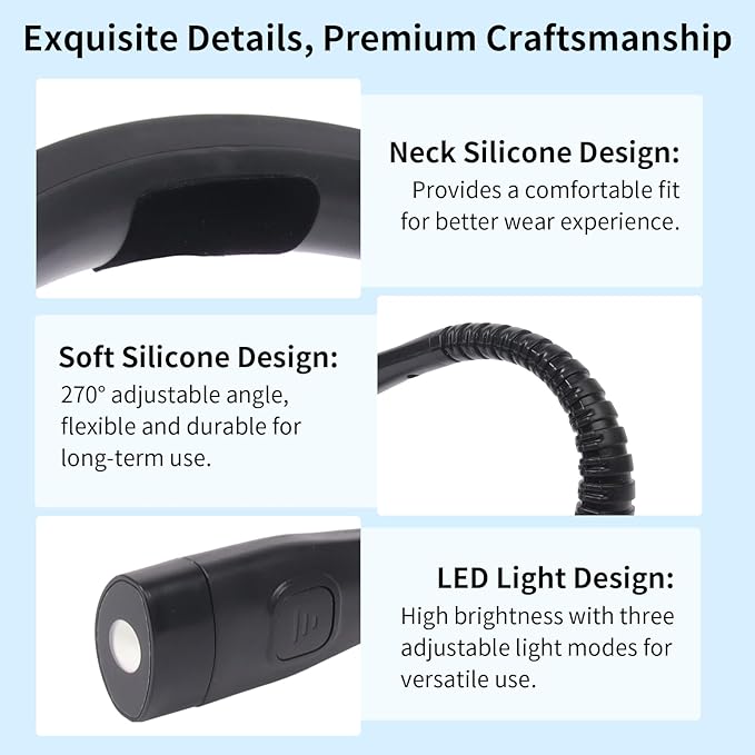 Book Light, 3-Color & 9-Brightness Reading Light, Bendable Neck Light, 80-hr Lasting Rechargeable Lamp, Perfect Book Light for Reading in Bed, Knitting, Camping (Black, Classic)