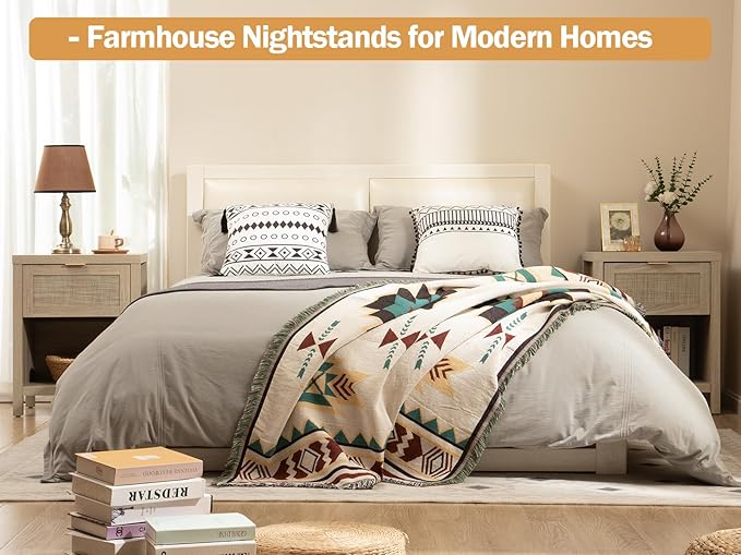 SICOTAS Rattan Nightstands Set of 2, Farmhouse Night Stand Bedside Table with Drawer and Storage Shelf - Boho End Side Table for Bedroom, Light Oak