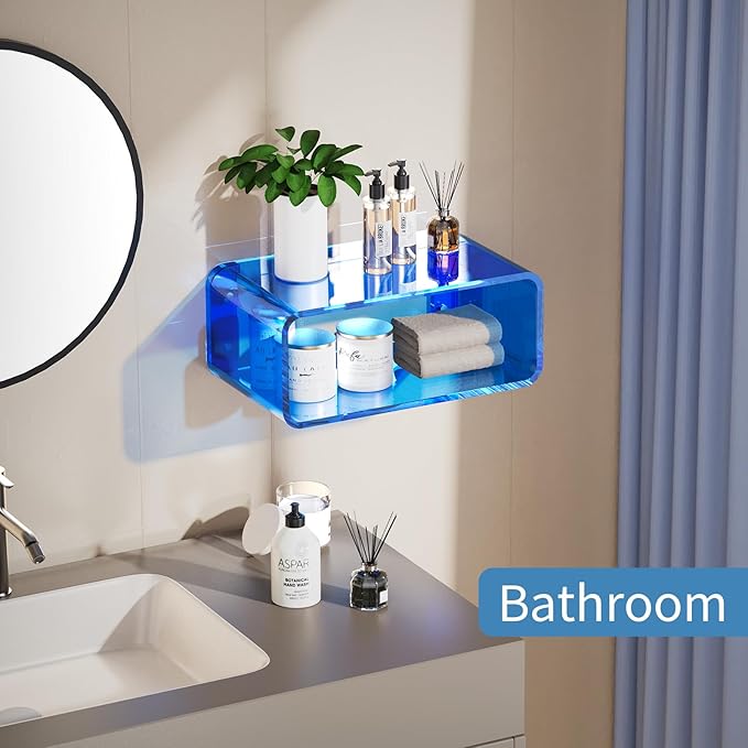Acrylic Floating Nightstand, Bedside Table, Nightstand Shelf Wall Mounted Bedside Shelf (Blue, Small)