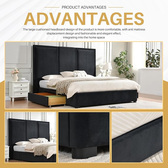 YUHUASHI King Size Bed Frame with 64-inch High Headboard, Simple and Airy Linen Upholstered Platform Bed with Storage Drawers, Wood Slat, No Noise (Ink Blue, King)