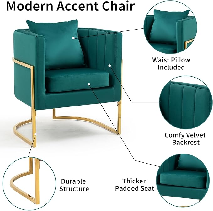 Velvet Modern Accent Chair, Upholstered Barrel Armchair Mid Century with Pillow for Living Room, Comfy Single Vnaity Chair with Metal Gold Legs for Bedroom, Green