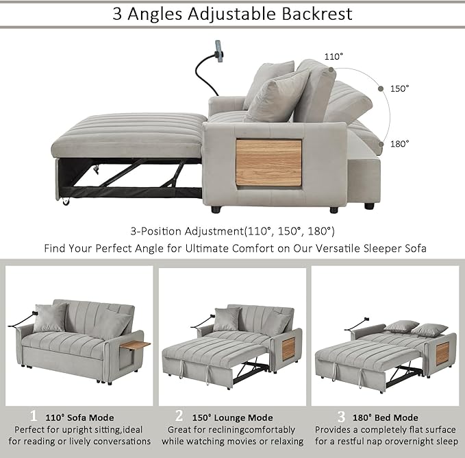 3 in 1 Convertible Sleeper Sofa Bed, Pull Out Couch Bed with USB Ports, Foldable Tables & Phone Stand, Adjustable Backrest Velvet Loveseat Futon Couch for Living Room Bedroom Samll Space (Solid Grey)