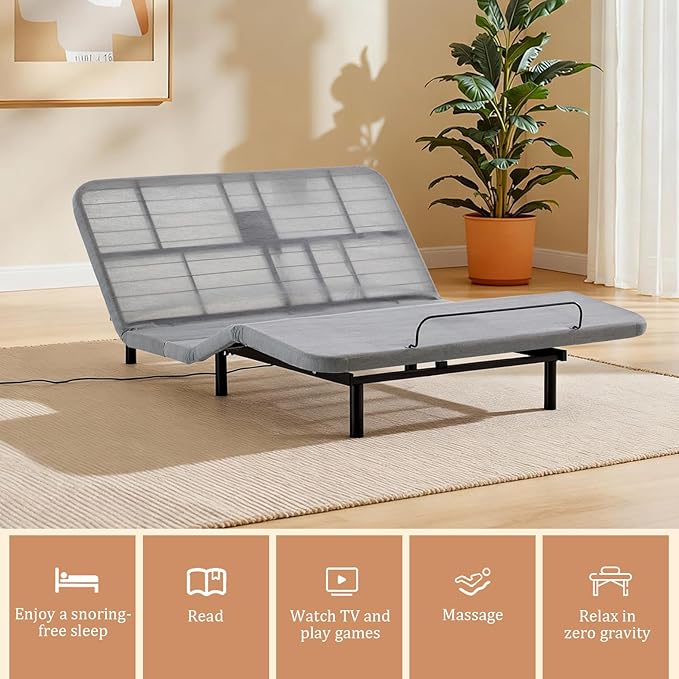 Queen Size Adjustable Bed Frame Base, Caron Electric Bed Base with Head and Foot Incline, Zero Gravity, Massage, App and Wireless Remote, No-Noise, Easy Assembly, Gray