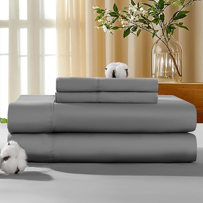 LBRO2M 100% Cotton Sheets Set Deep Pocket 19", 1000 Thread Count Queen Size 4 Piece Bed Sheet Sets Soft Comfortable Bedding All Season (Queen, Gray)