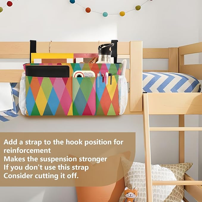 Bedside Caddy Hanging Bunk Bed Caddy Bed Organizer Hanging Pocket with 2 Hooks Bedside Storage Organizer Pocket Bag Holder Pink Green Argyle