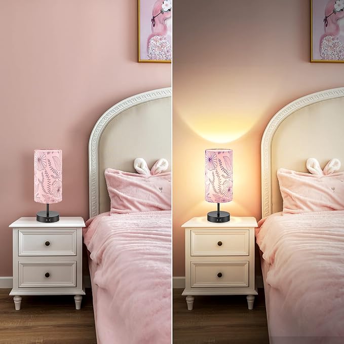 Bedside Table Lamp, Modern Touch Control Desk Lamp with 2 USB Ports & Round Flower Linen Fabric Shade, 3 Way Dimmable Small Nightstand Lamp for Bedroom Living Room Home Office Pink(LED Bulb Included)