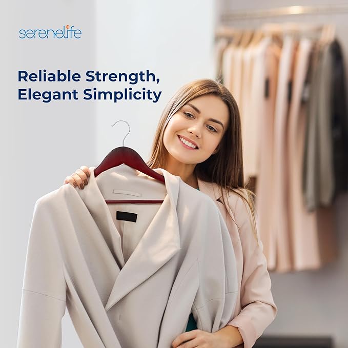 SereneLife 50-Pack Wooden Coat Hangers – Durable Suit Hangers with 360° Swivel Hook & Notches – Slim Design for Shirts, Jackets, Dresses, and More (Cherry)