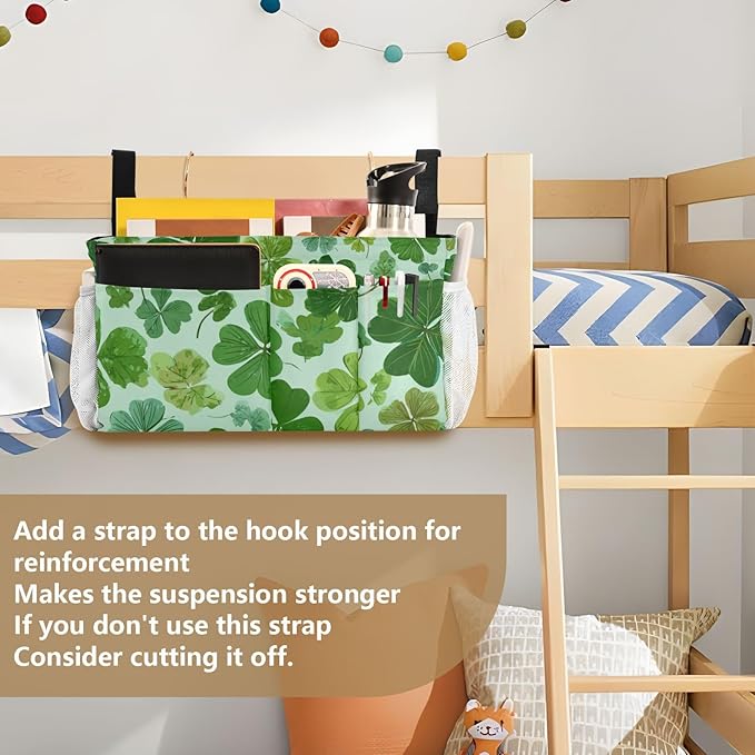 Bedside Caddy Hanging Bunk Bed Caddy Bed Organizer Hanging Pocket with 2 Hooks Bedside Storage Organizer Pocket Bag Holder Green Nature St Patrick Clovers