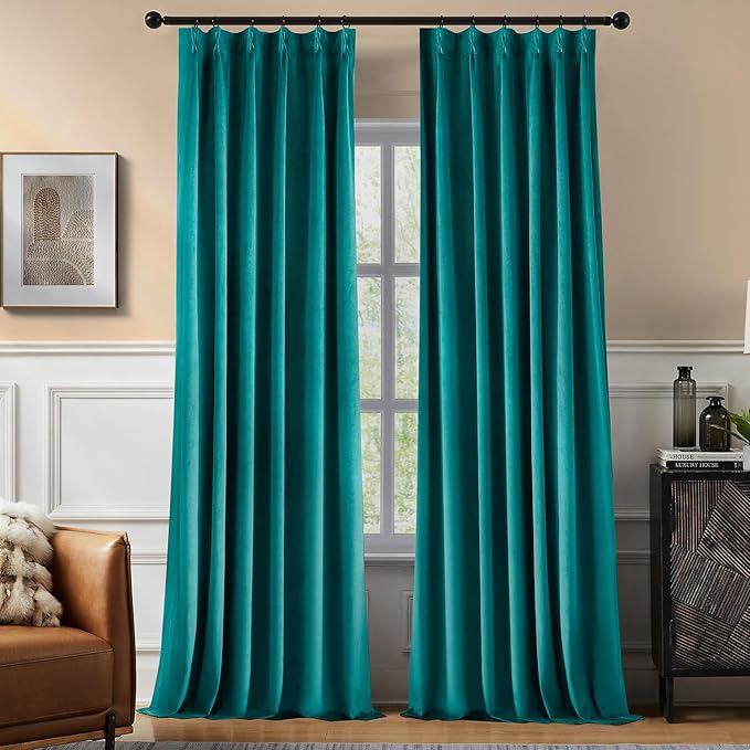 Pinch Pleated 100% Blackout Curtains for Bedroom, Teal Velvet Curtains for Living Room, Black Out Curtain 86 inch Long Room Darkening, Blackout Pinch Pleat Drapes with Hooks 2 Panels