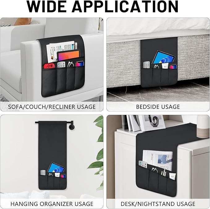 WETRBWEH TV Remote Control Holder Couch Caddy, Non-slip Bedside Caddy Organizer with 5 Pockets for Key Glasses Phone Magazine Holders (Black, 35"x12.4")
