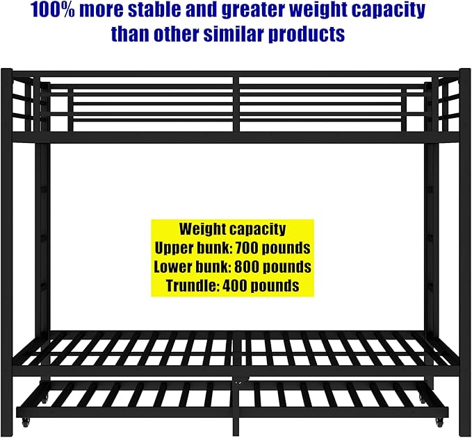 Higher Quality & Stronger Heavy Duty Metal Bunk Bed Frame Queen Over Queen Size for Adults Teens, Thickened More Stable Steel Bunkbed (Queen Over Queen with Trundle)