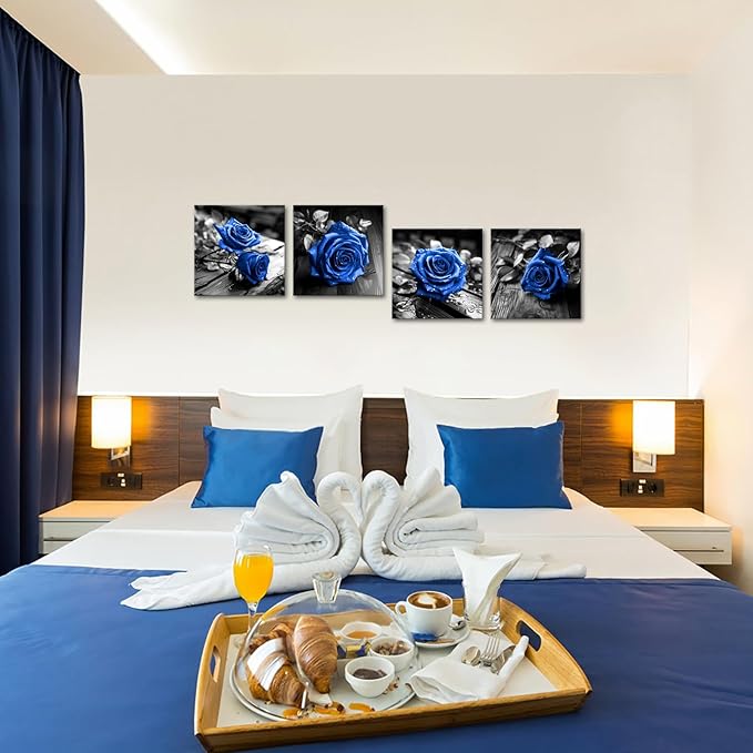 VANSEEING 4 Pieces Blue and Black Rose Flower Canvas Wall Art Floral Pictures Prints Modern Romantic Artwork Wall Decor for Valentine's Day Living Room Bedroom 12x12inchx4Pcs