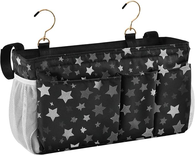 Bedside Caddy Hanging Bunk Bed Caddy Bed Organizer Hanging Pocket with 2 Hooks Bedside Storage Organizer Pocket Bag Holder Silver Stars Black