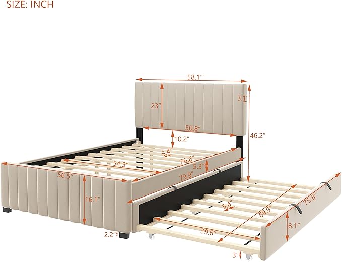 Full Bed Frame with Trundle Bed,Velvet Upholstered Platform Bed Frame,Full Size Trundle Bed with Headboard for Kids Teens Adults(Beige)