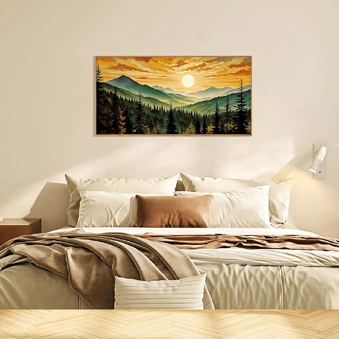 LHIUEM Large Boho Sunset Mountain Framed Canvas Wall Art,Retro Pine Tree Wall Decor,Nature Foggy Forest Wall Painting,Bohemian Landscape Artwork for Living Room,Bedroom,Dining Room,Office -20"x40"x1