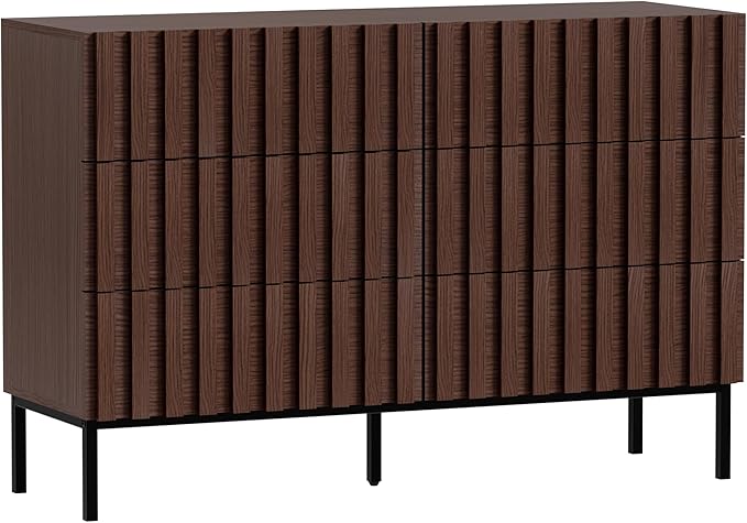 UEV Fluted Dresser for Bedroom with 6 Drawers, 47" Wide Large Chest of Drawers with Metal Stand, Mid-Century Wooden Dresser TV Stand, Closet Storage Organizer for Living Room, Hallway (Walnut)